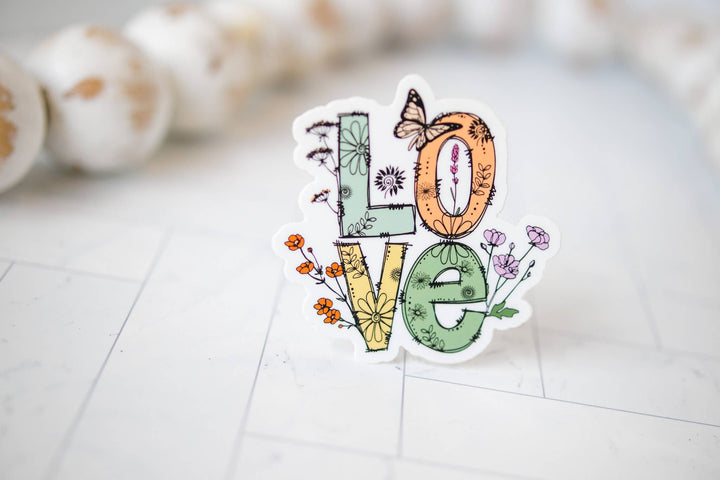 LOVE, Floral With Butterfly, Vinyl Sticker, 3x3 in.