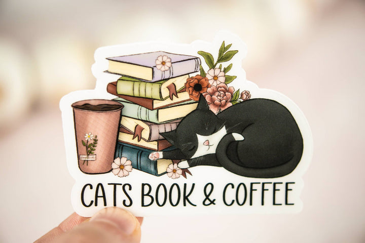 Cats Book & Coffee,  Vinyl Sticker, 3x3 in.