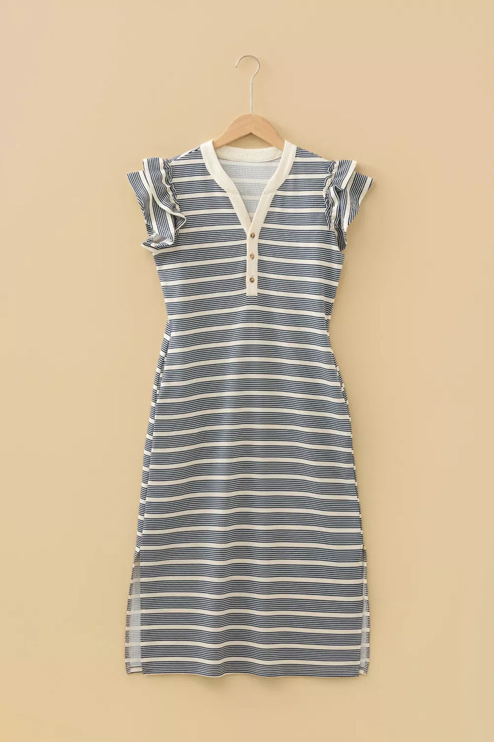 Keep Her Talking Striped Ruffled Sleeved Midi Dress in Navy