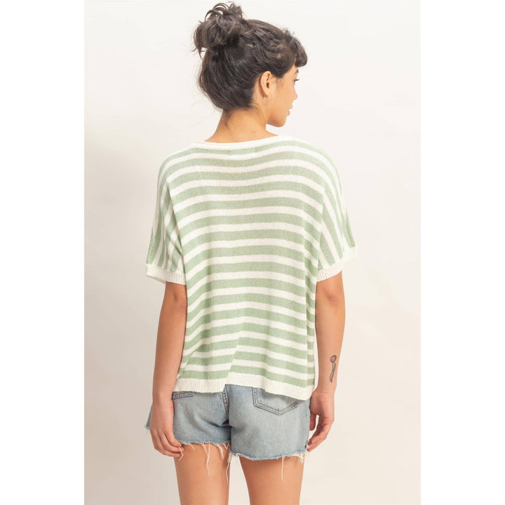 Striped V-Neck Short Dolman Sleeve Oversized Top