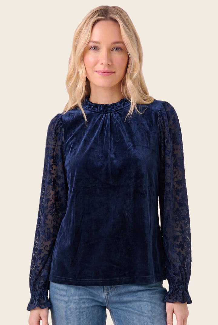 Gently Bold Velvet Burnout Sleeve Top in Navy