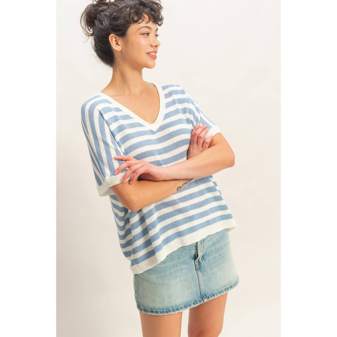 Striped V-Neck Short Dolman Sleeve Oversized Top