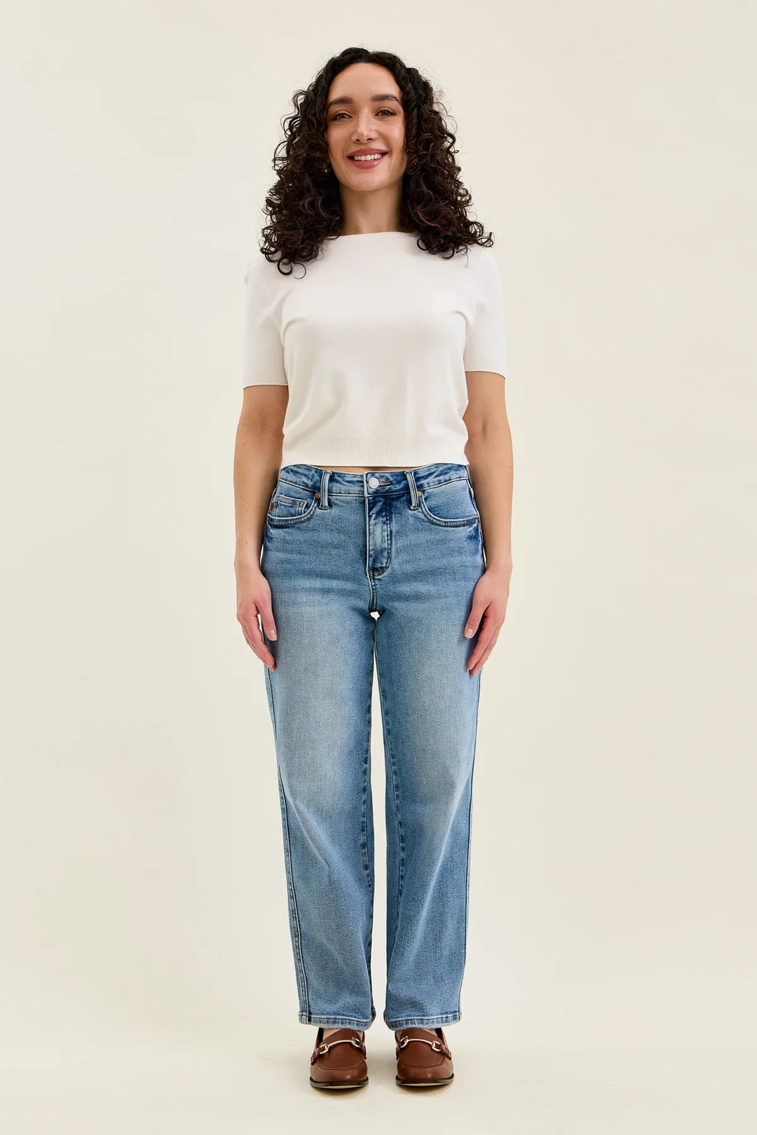 Neve Petite Tummy Control Vintage Wash Straight Jeans by Judy Blue