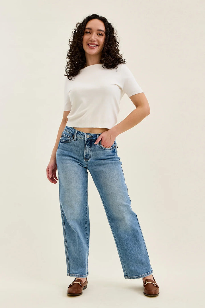Neve Petite Tummy Control Vintage Wash Straight Jeans by Judy Blue