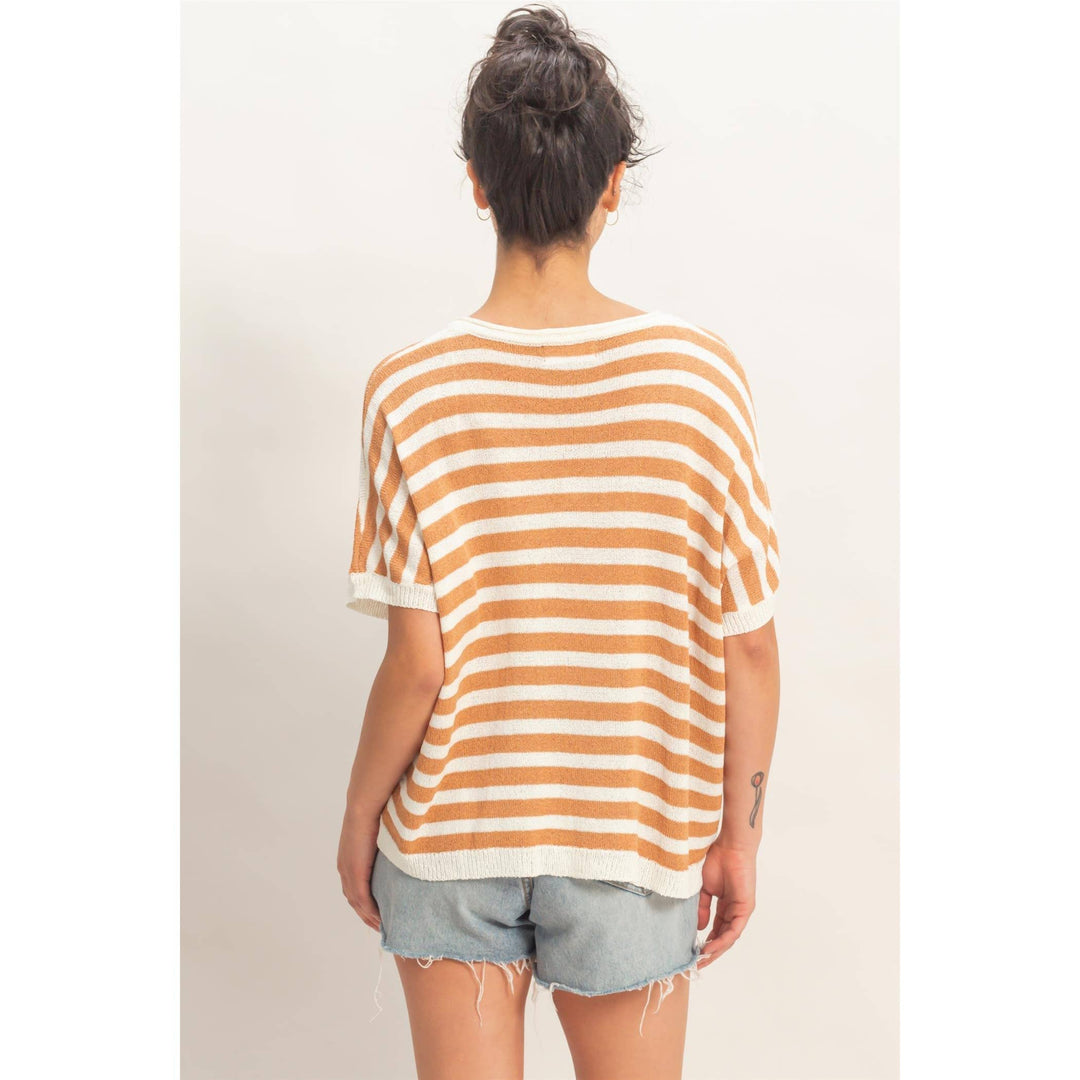 Striped V-Neck Short Dolman Sleeve Oversized Top