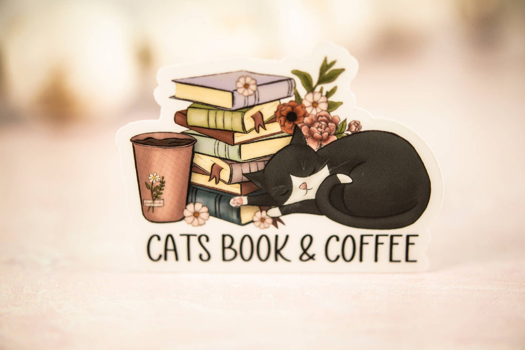Cats Book & Coffee,  Vinyl Sticker, 3x3 in.