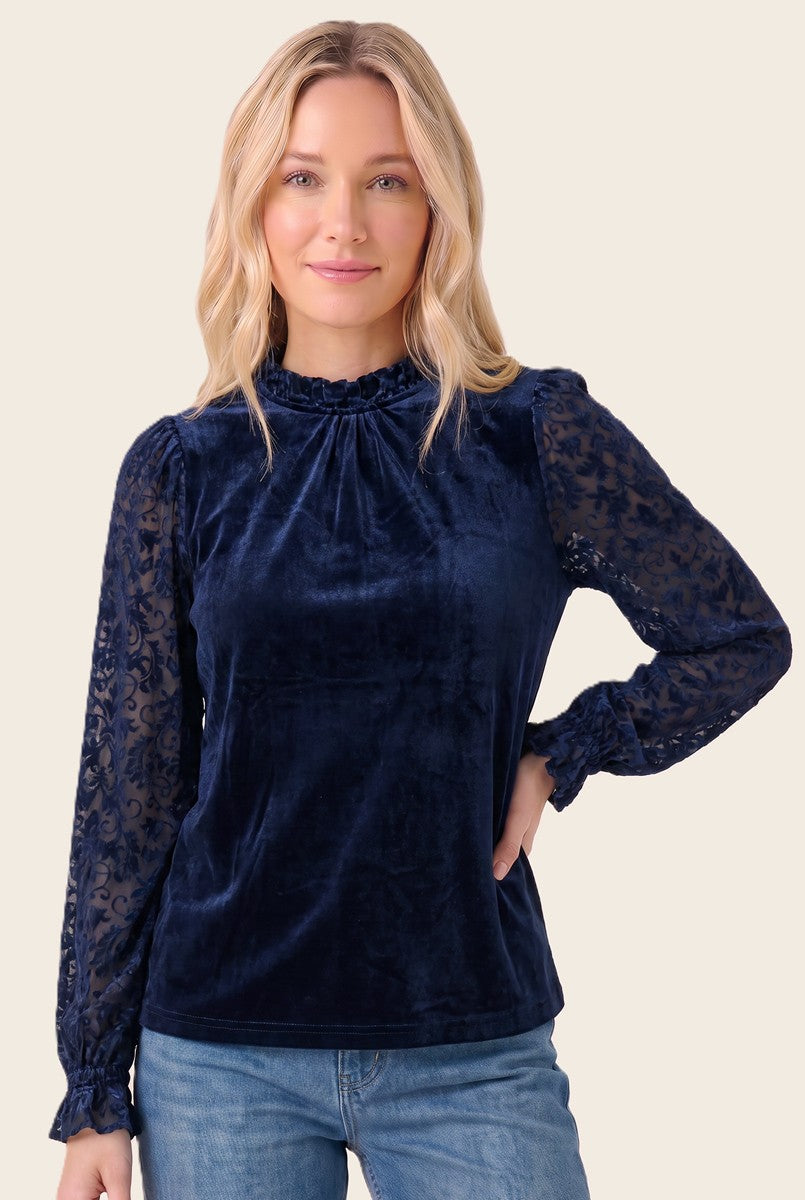 Gently Bold Velvet Burnout Sleeve Top in Navy
