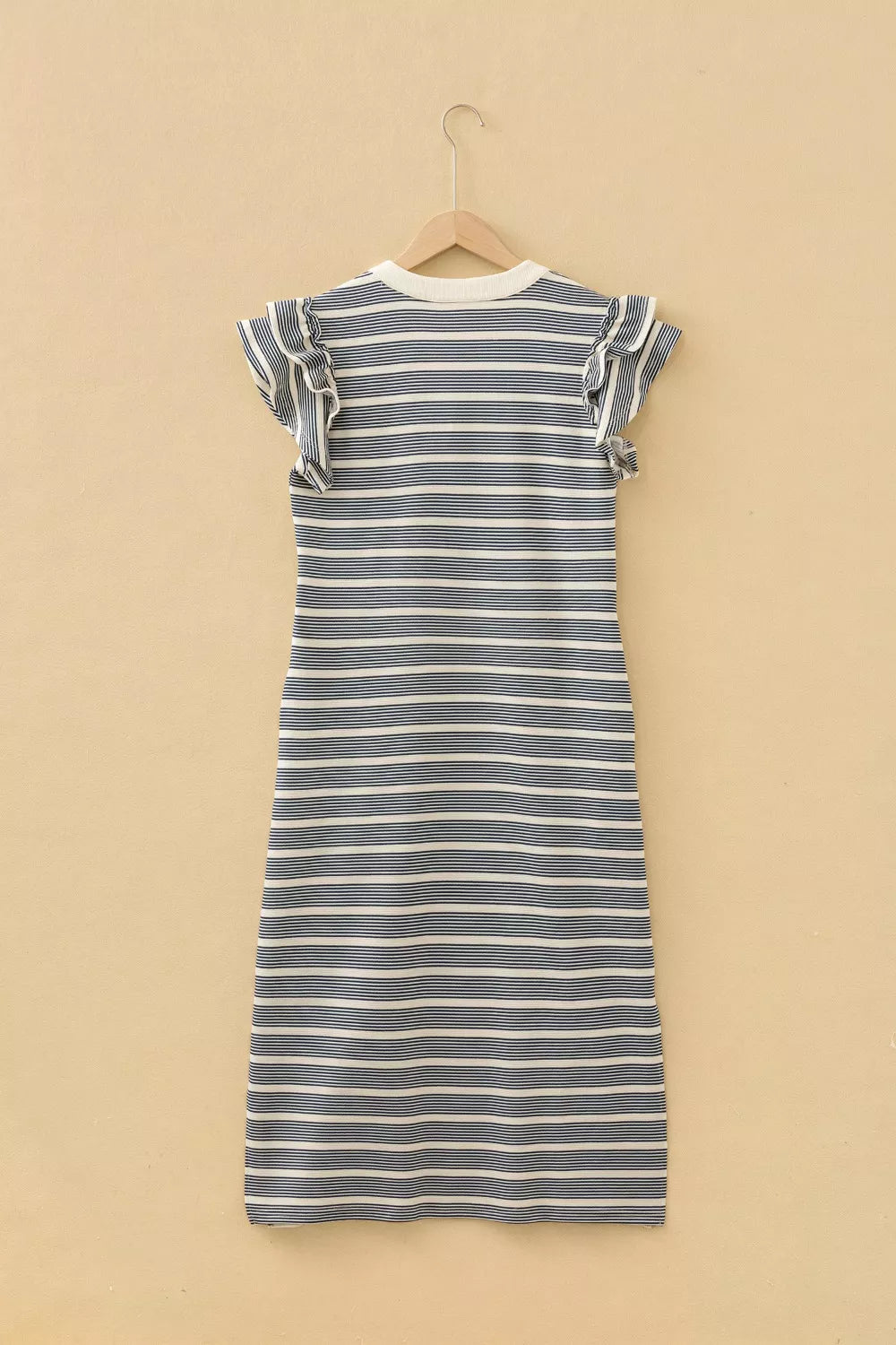 Keep Her Talking Striped Ruffled Sleeved Midi Dress in Navy