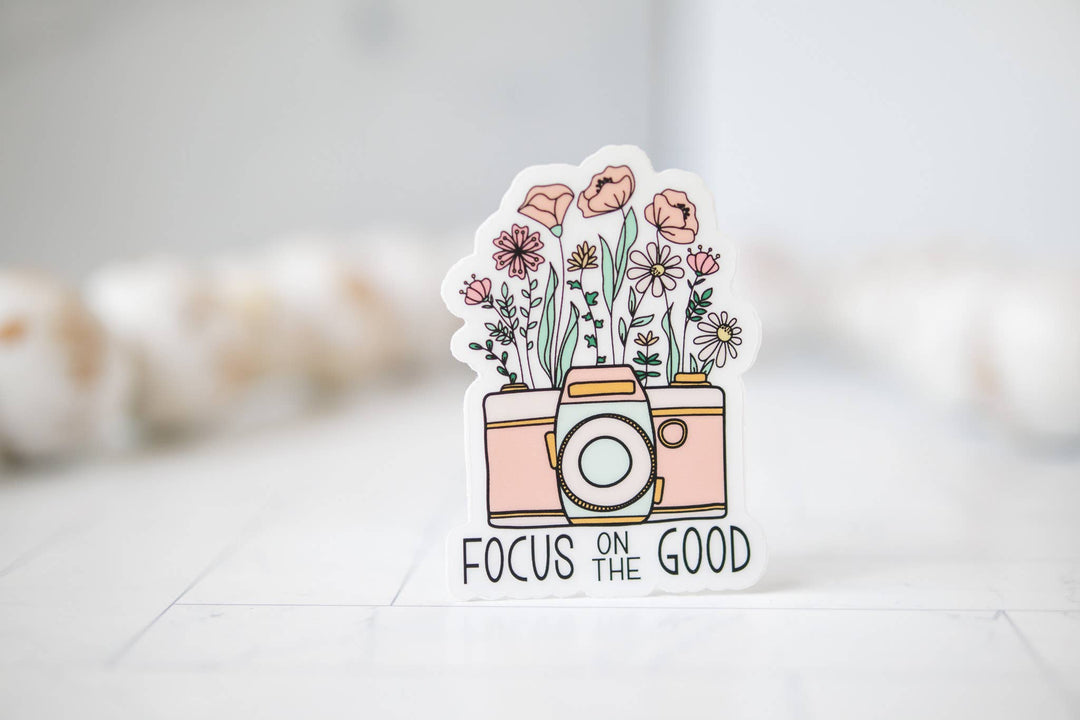 Focus On The Good, Retro Camera Vinyl Sticker, 3x3 in.