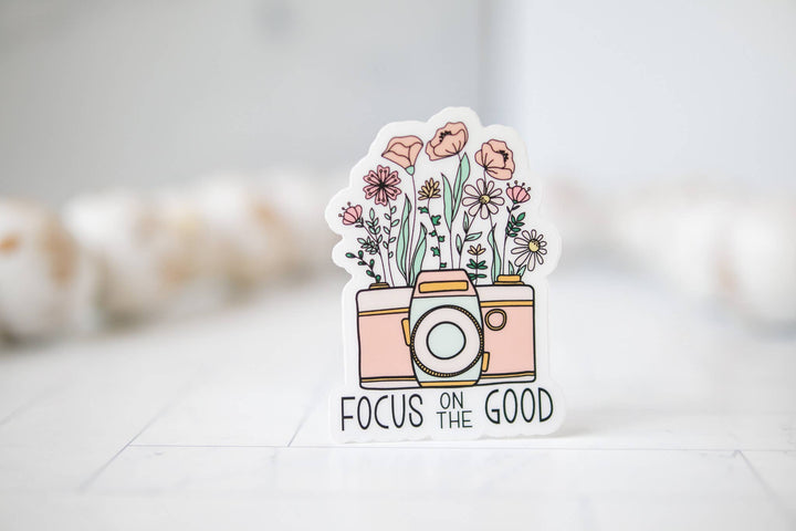 Focus On The Good, Retro Camera Vinyl Sticker, 3x3 in.