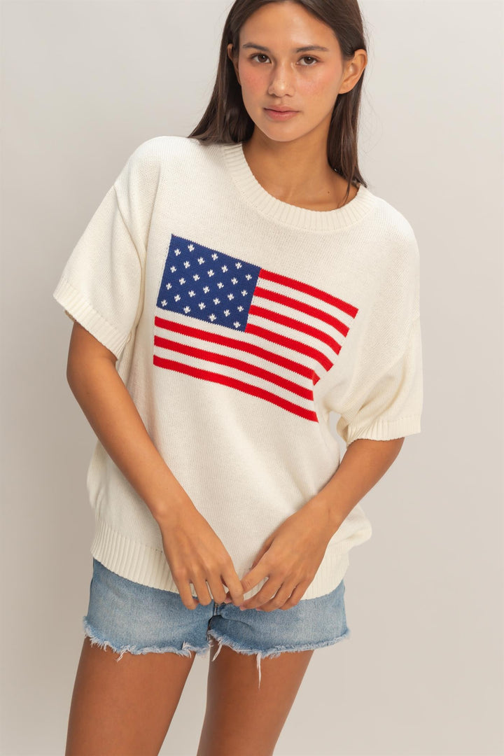 Celebrate with Me Cream Short Sleeve Flag Sweater