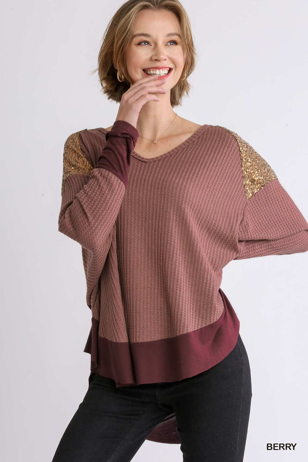 Be Yourself Long Sleeve Sequin Detail Top in Berry