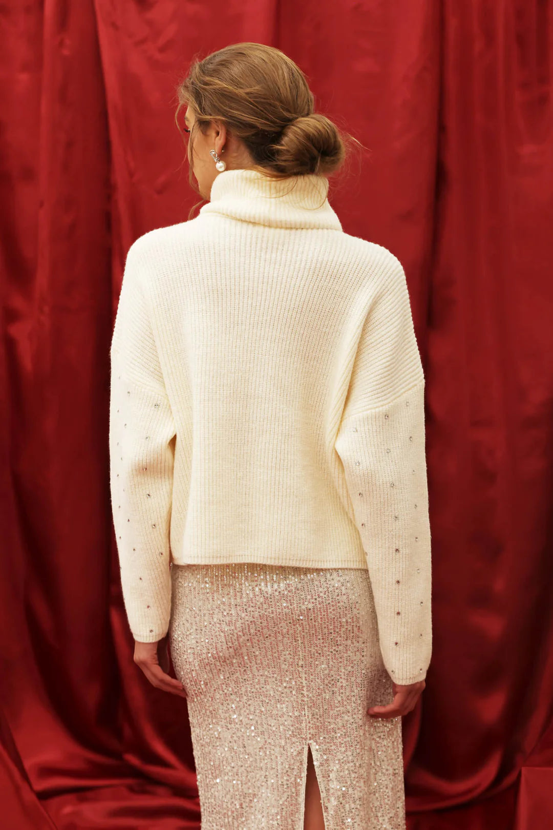 In a Dream Turtleneck Rhinestone Sweater in Cream