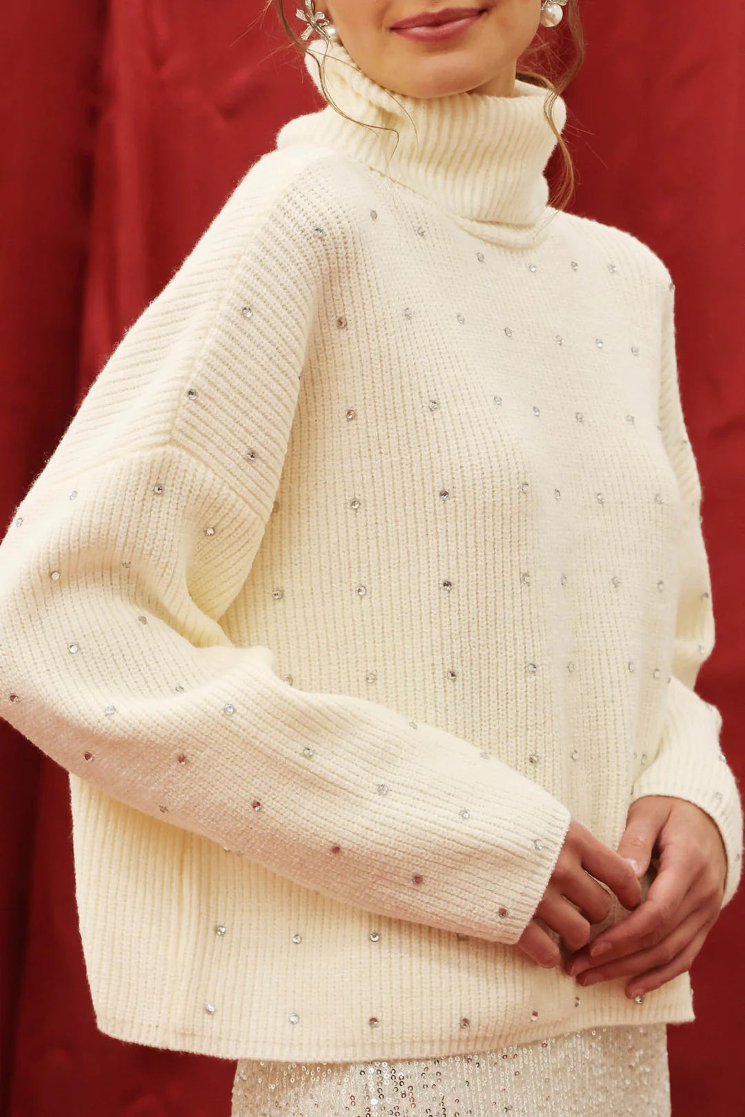 In a Dream Turtleneck Rhinestone Sweater in Cream