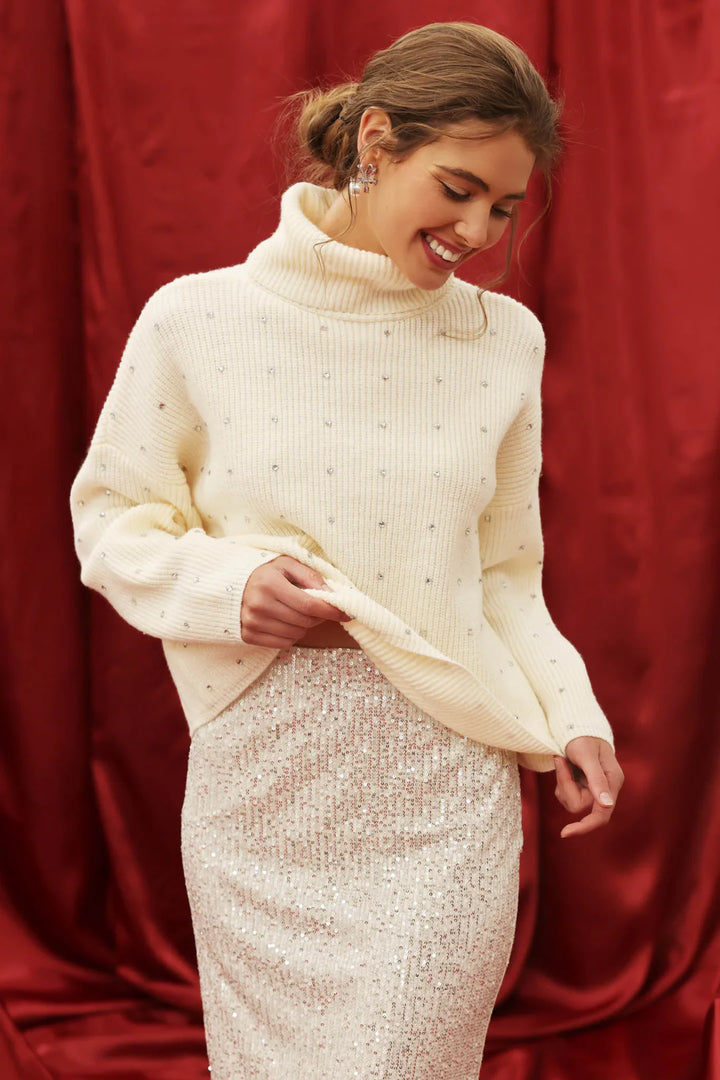 In a Dream Turtleneck Rhinestone Sweater in Cream