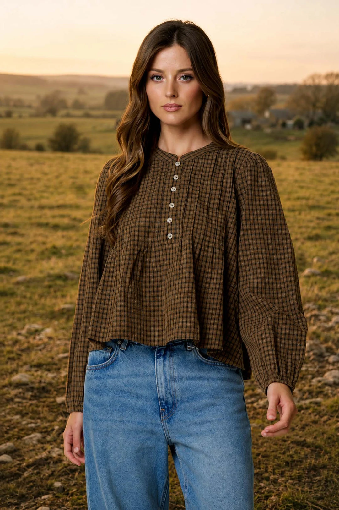 Penny Plaid Pintuck Detail Henley Long Sleeve Top