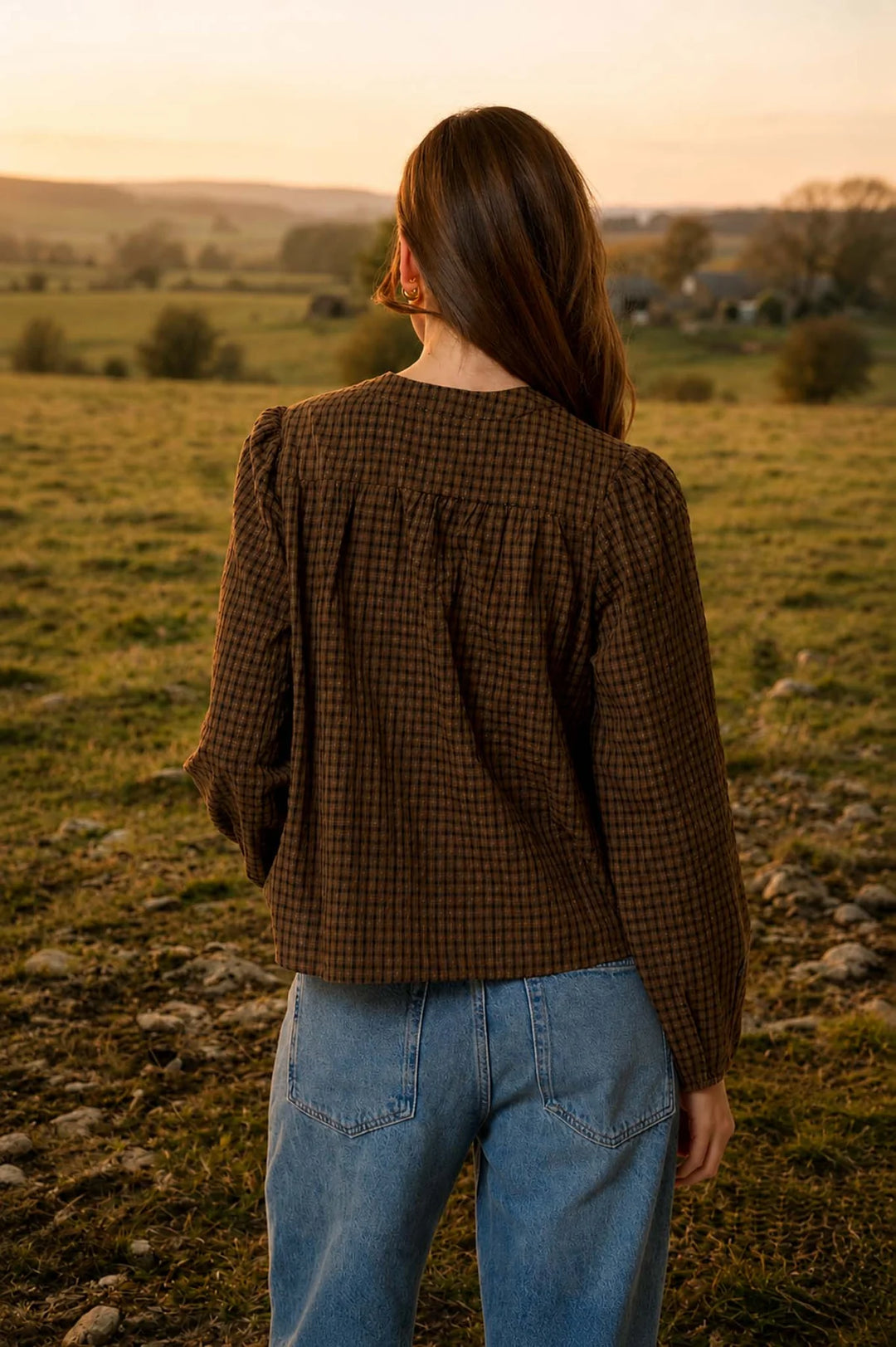 Penny Plaid Pintuck Detail Henley Long Sleeve Top