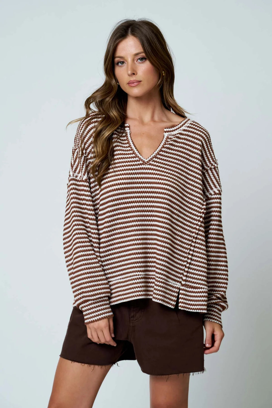 About Yesterday Stripe Split Neck Long Sleeve Knit Top