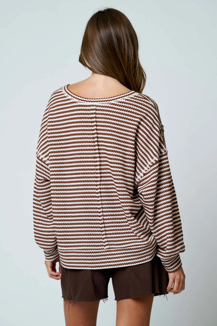 About Yesterday Stripe Split Neck Long Sleeve Knit Top