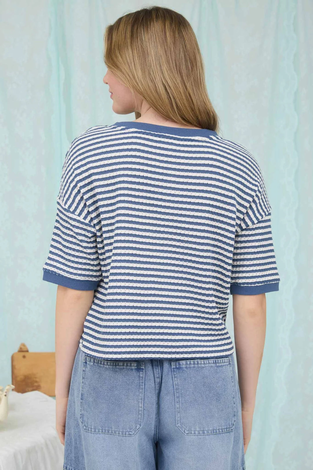 The Magic Touch Striped Button Down Short Sleeve Cardigan in Denim