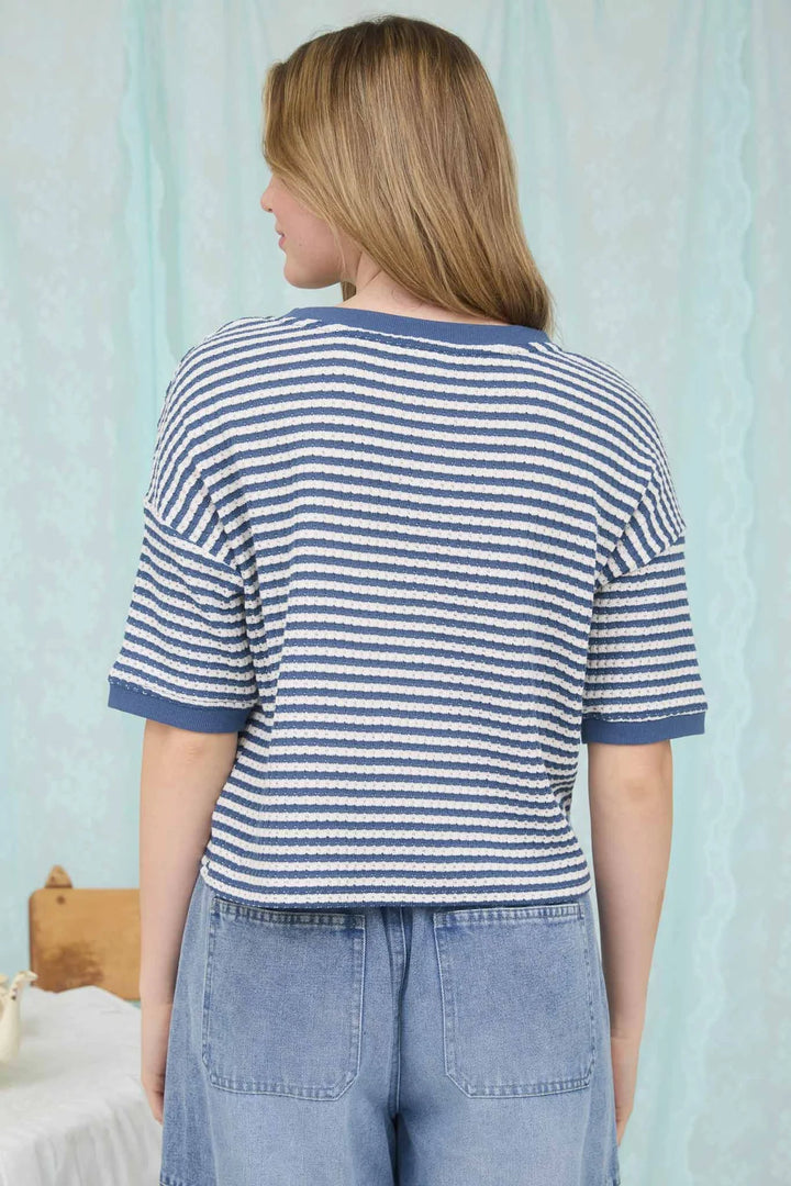 The Magic Touch Striped Button Down Short Sleeve Cardigan in Denim
