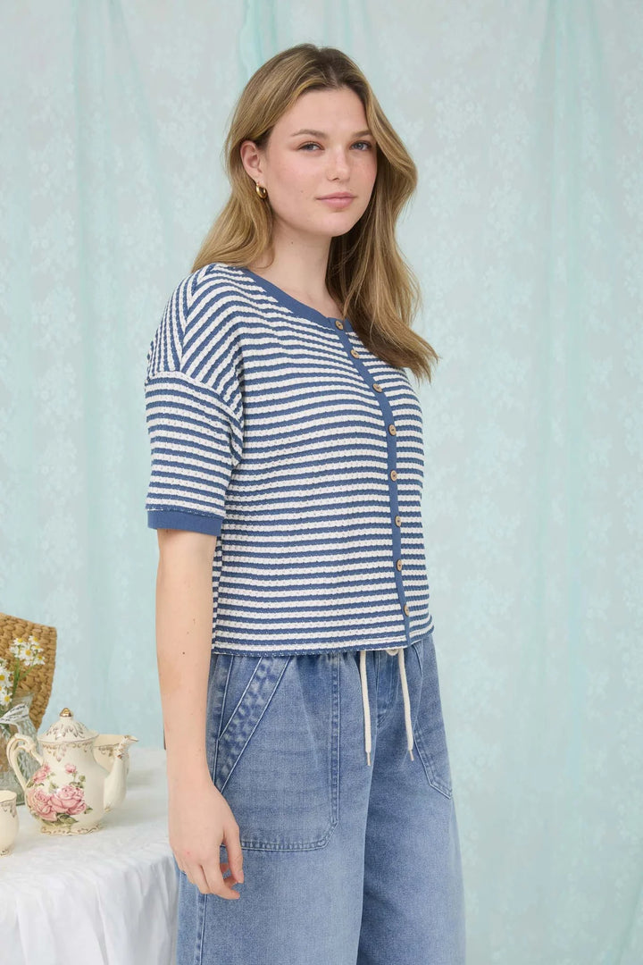 The Magic Touch Striped Button Down Short Sleeve Cardigan in Denim