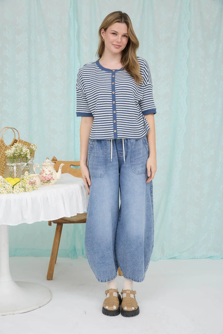 The Magic Touch Striped Button Down Short Sleeve Cardigan in Denim
