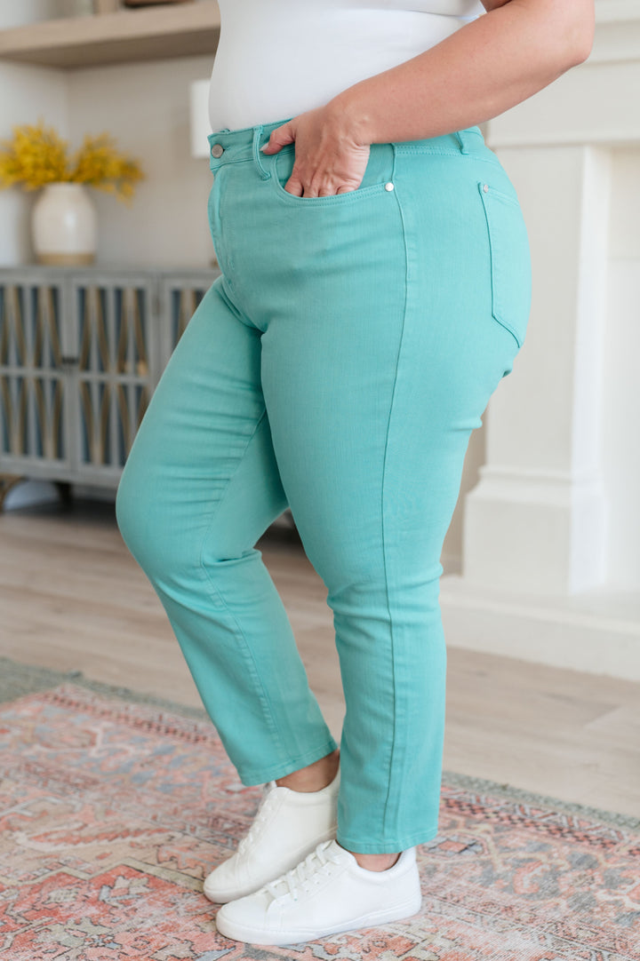 Bridgette High Rise Garment Dyed Slim Jeans in Aquamarine