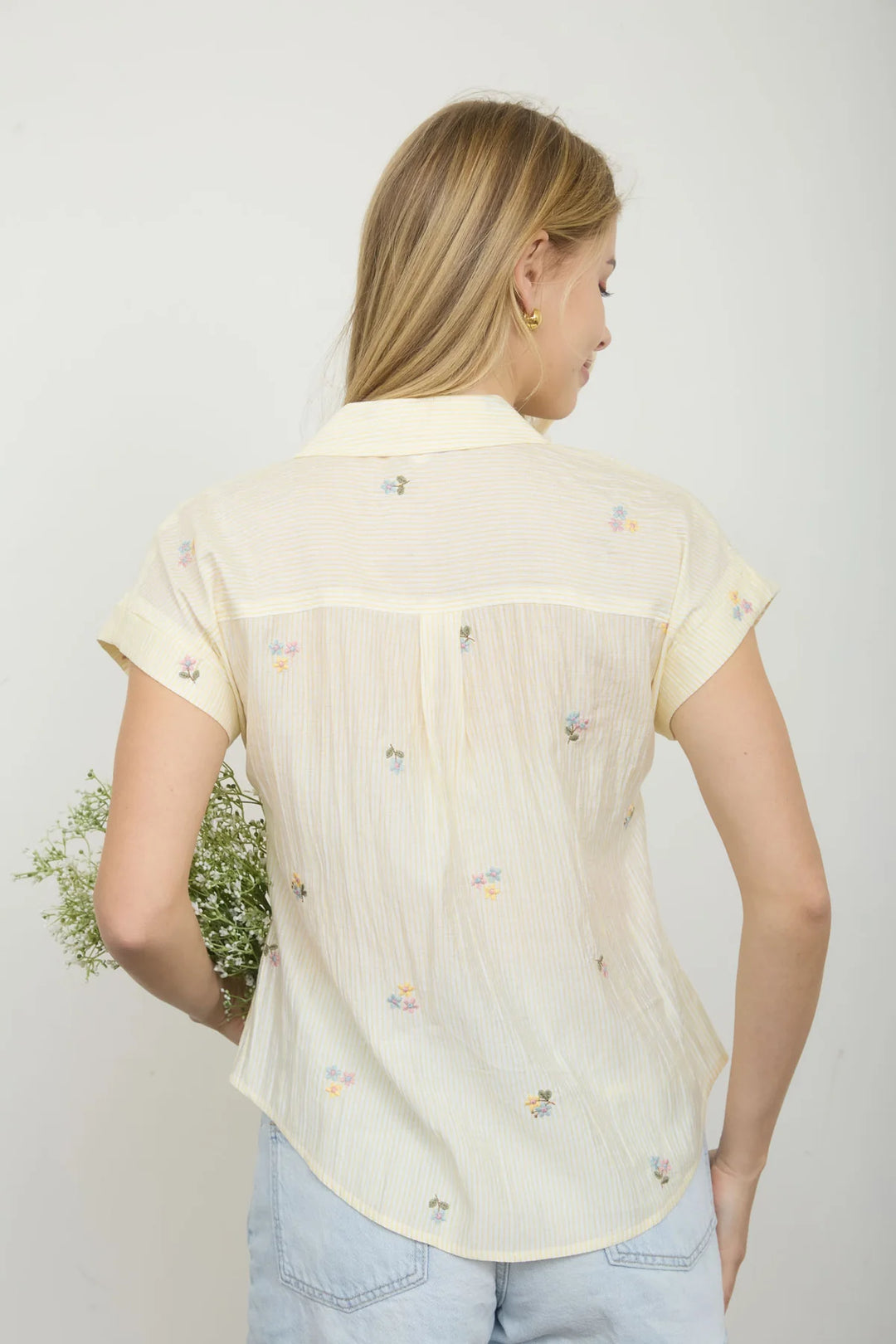 This Is It Floral Embroidered Yellow Pinstripe Button Down Top
