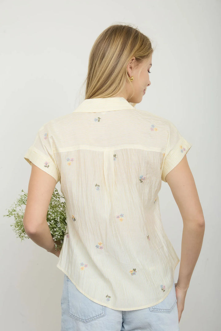 This Is It Floral Embroidered Yellow Pinstripe Button Down Top