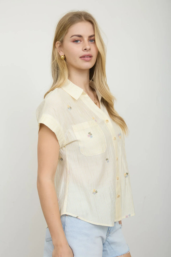 This Is It Floral Embroidered Yellow Pinstripe Button Down Top