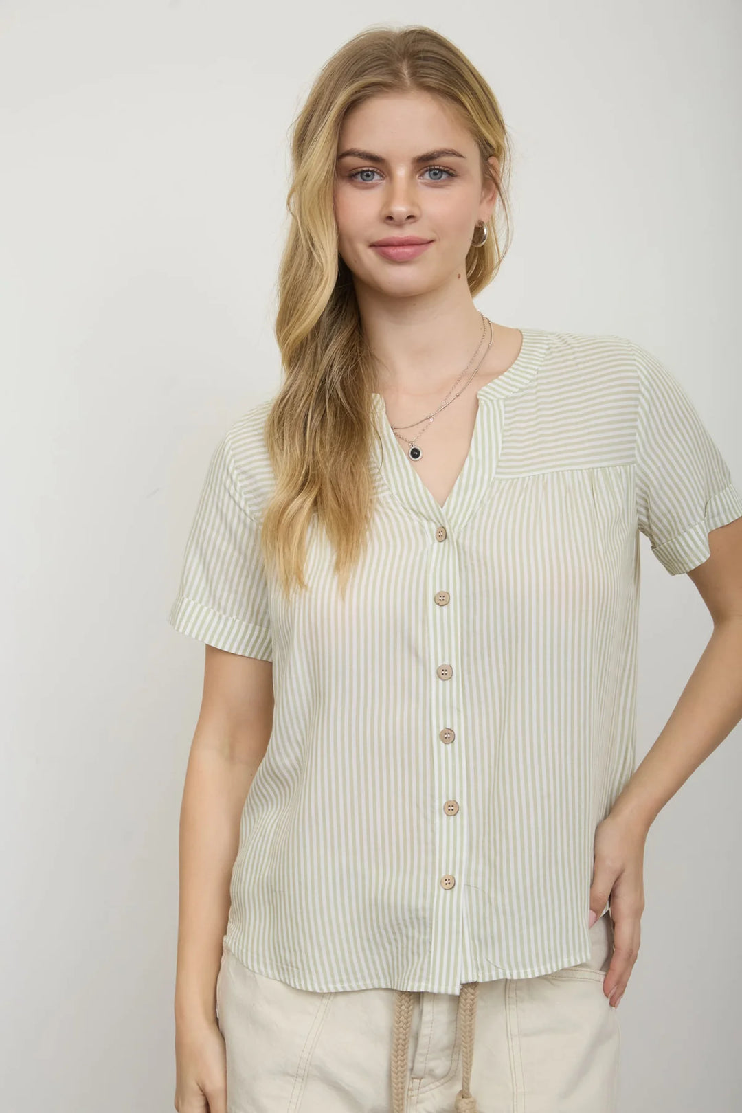 Back to The City Short Sleeve Striped Button Down Top in Olive