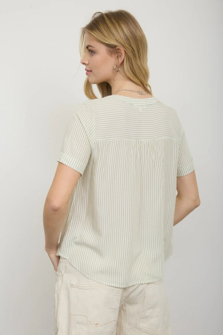 Back to The City Short Sleeve Striped Button Down Top in Olive
