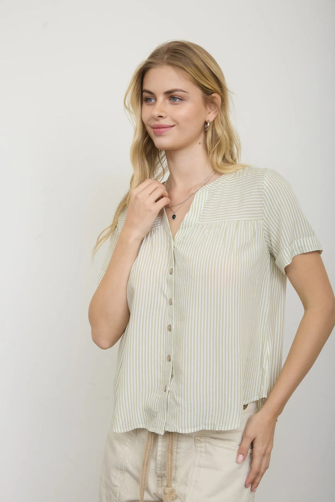 Back to The City Short Sleeve Striped Button Down Top in Olive