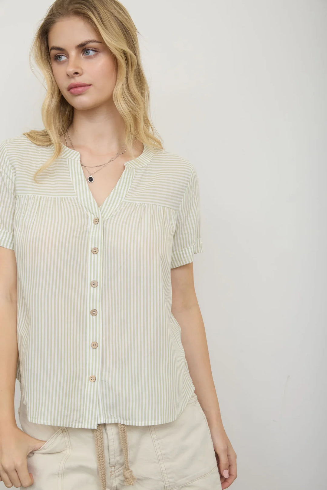 Back to The City Short Sleeve Striped Button Down Top in Olive