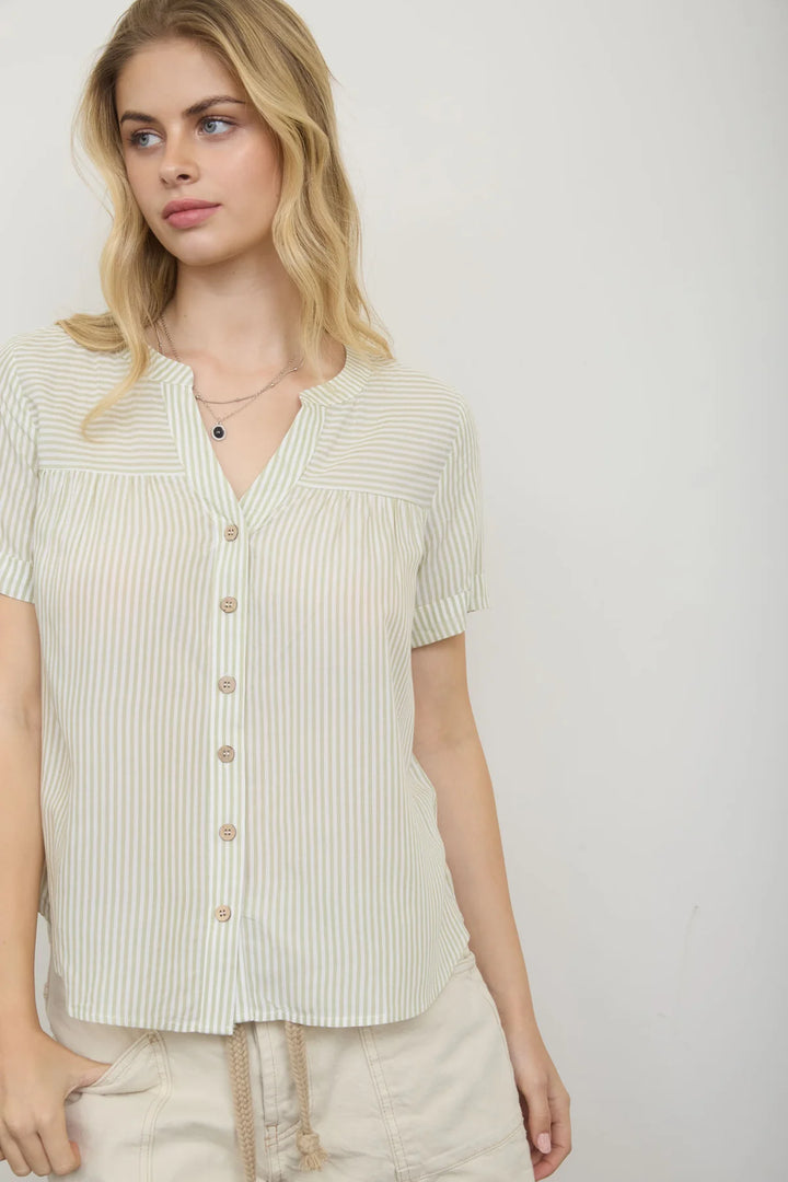 Back to The City Short Sleeve Striped Button Down Top in Olive