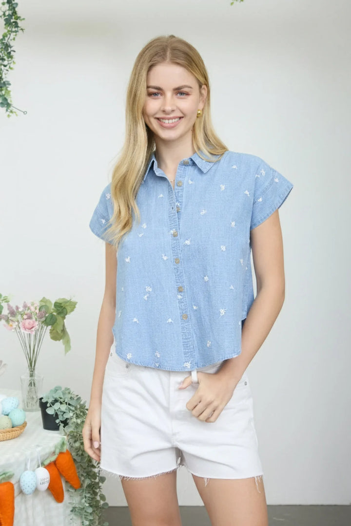 2 Steps Ahead Embroidered Floral Pattern Button Down Denim Shirt