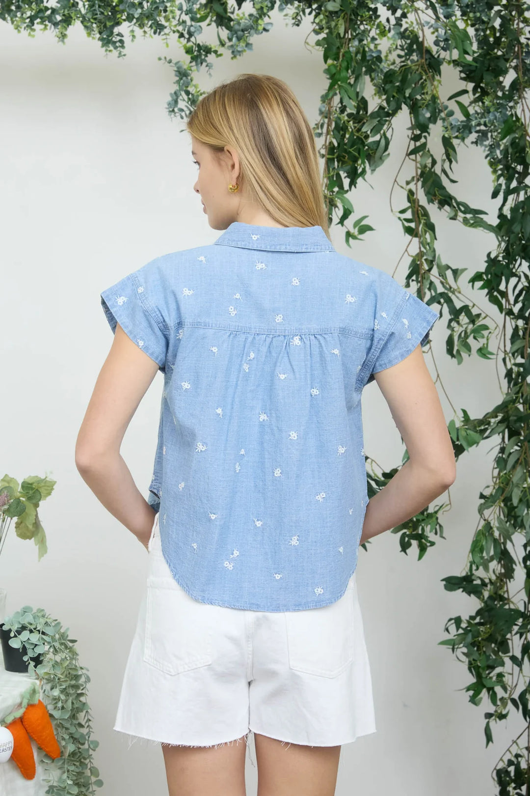 2 Steps Ahead Embroidered Floral Pattern Button Down Denim Shirt