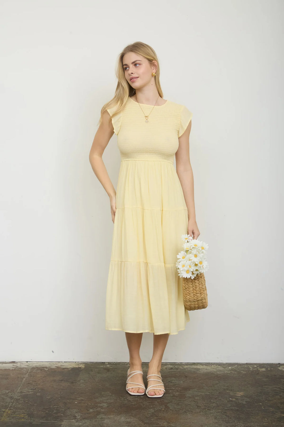 Summer Sun Tiered Smocked Midi Dress in Yellow