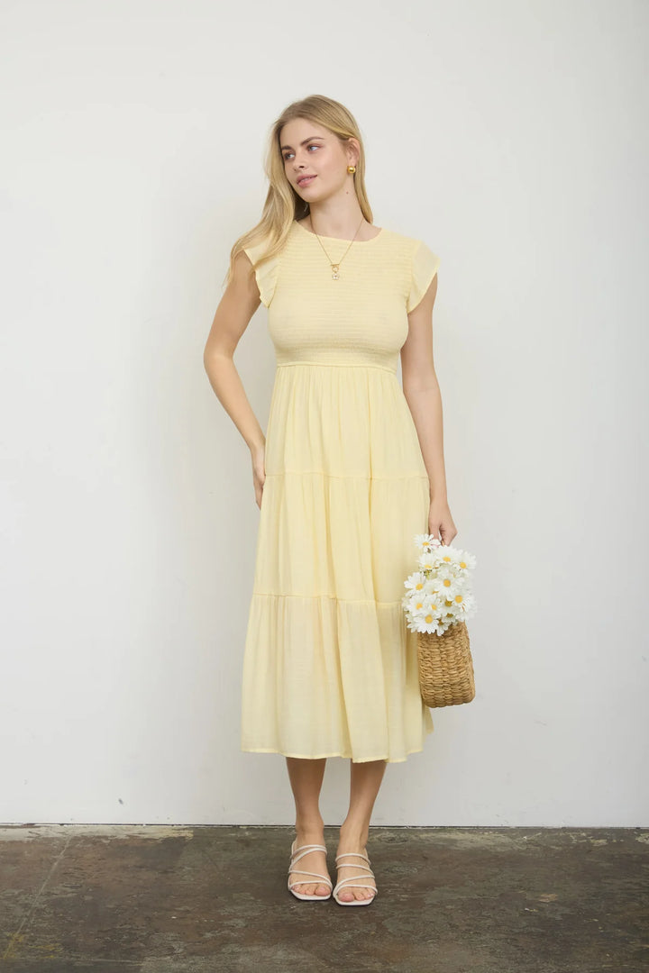 Summer Sun Tiered Smocked Midi Dress in Yellow