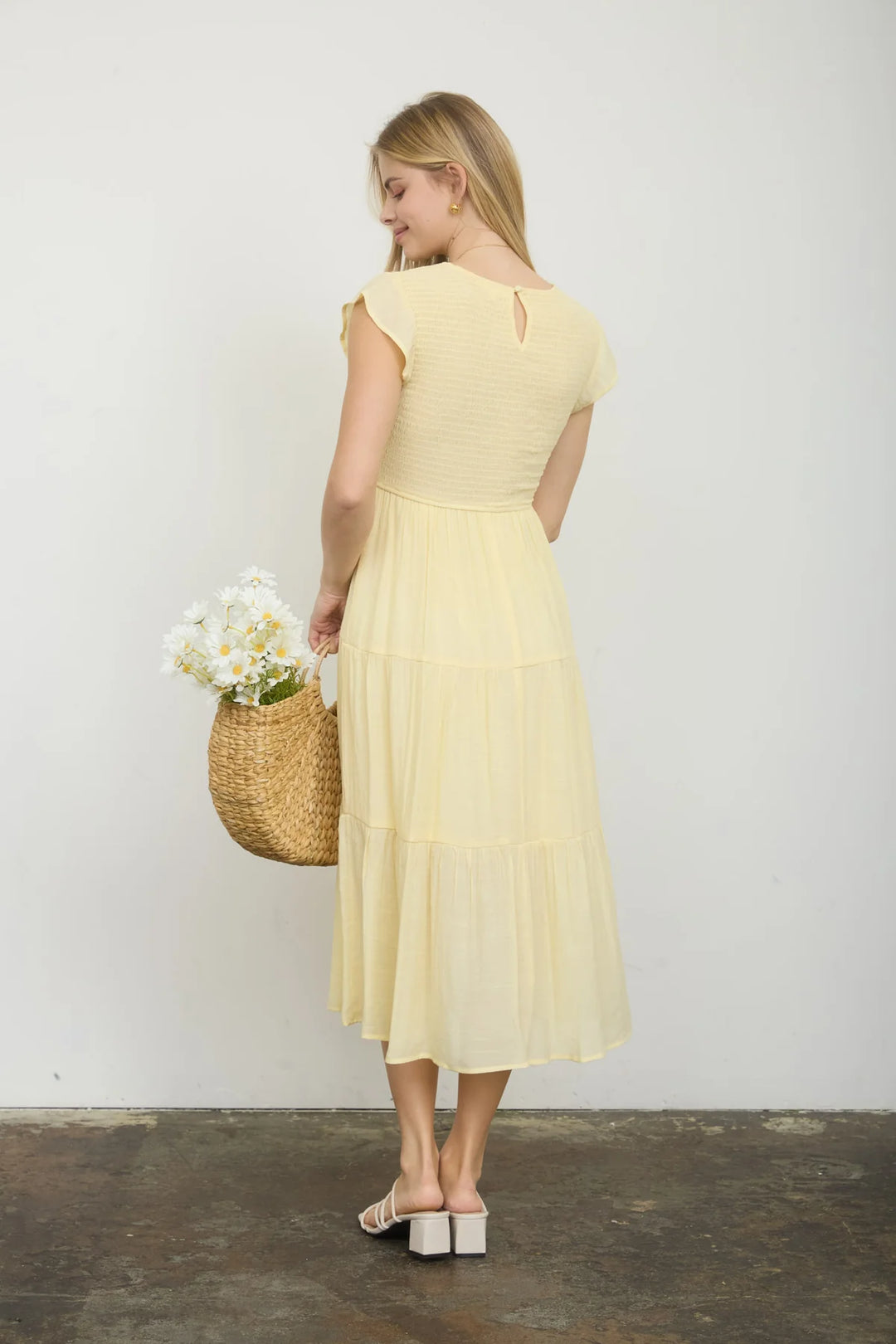 Summer Sun Tiered Smocked Midi Dress in Yellow