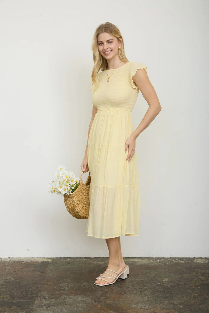 Summer Sun Tiered Smocked Midi Dress in Yellow