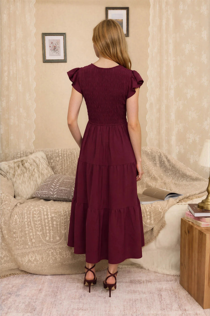 New Season Burgundy Flutter Sleeve Maxi Dress