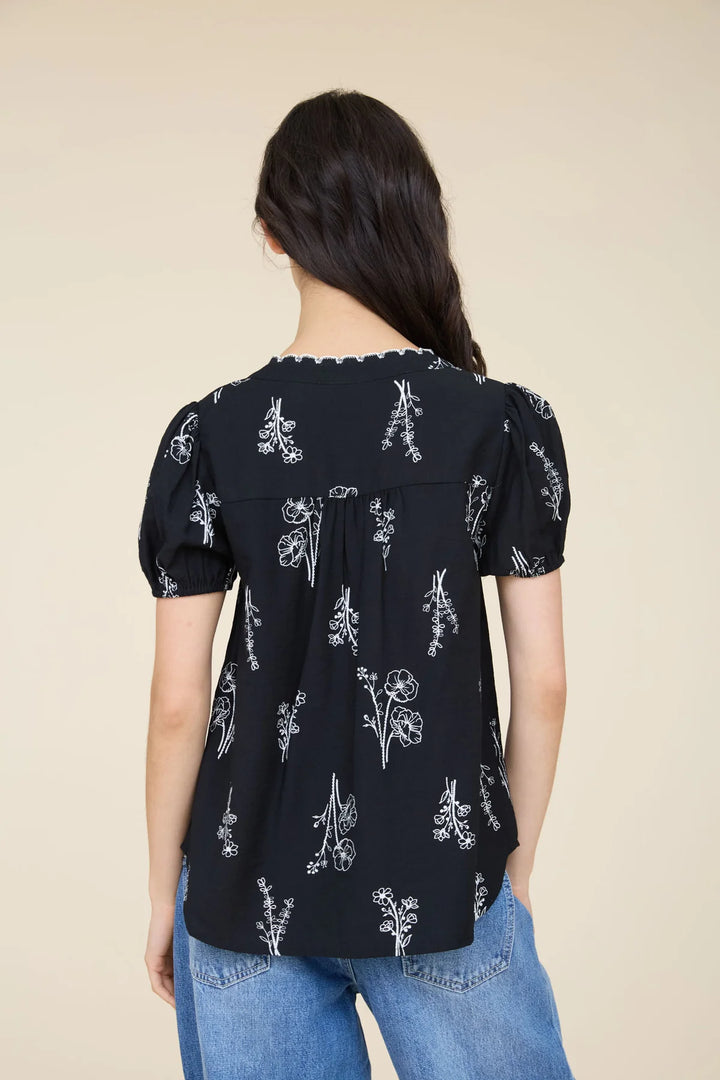Fields Of Gold Floral Line Print Split Neck Button Down