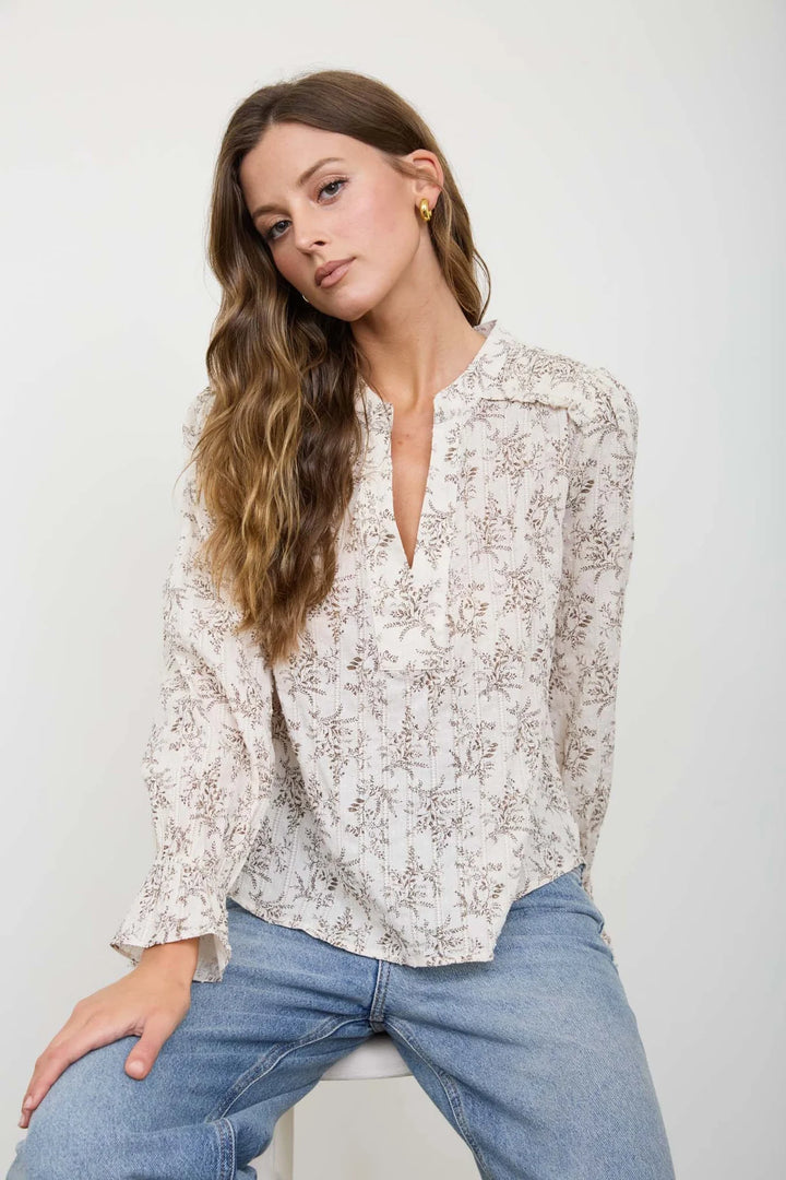 Into the Garden Floral Long Sleeve Blouse in Ivory and Camel