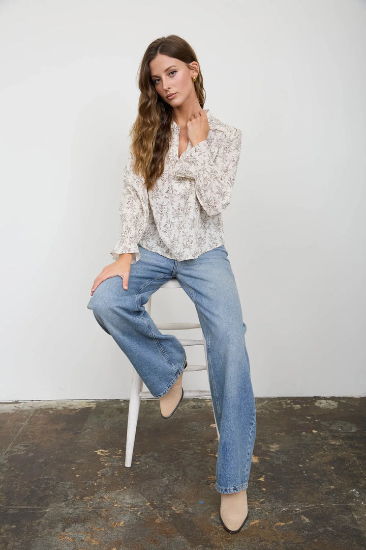 Into the Garden Floral Long Sleeve Blouse in Ivory and Camel