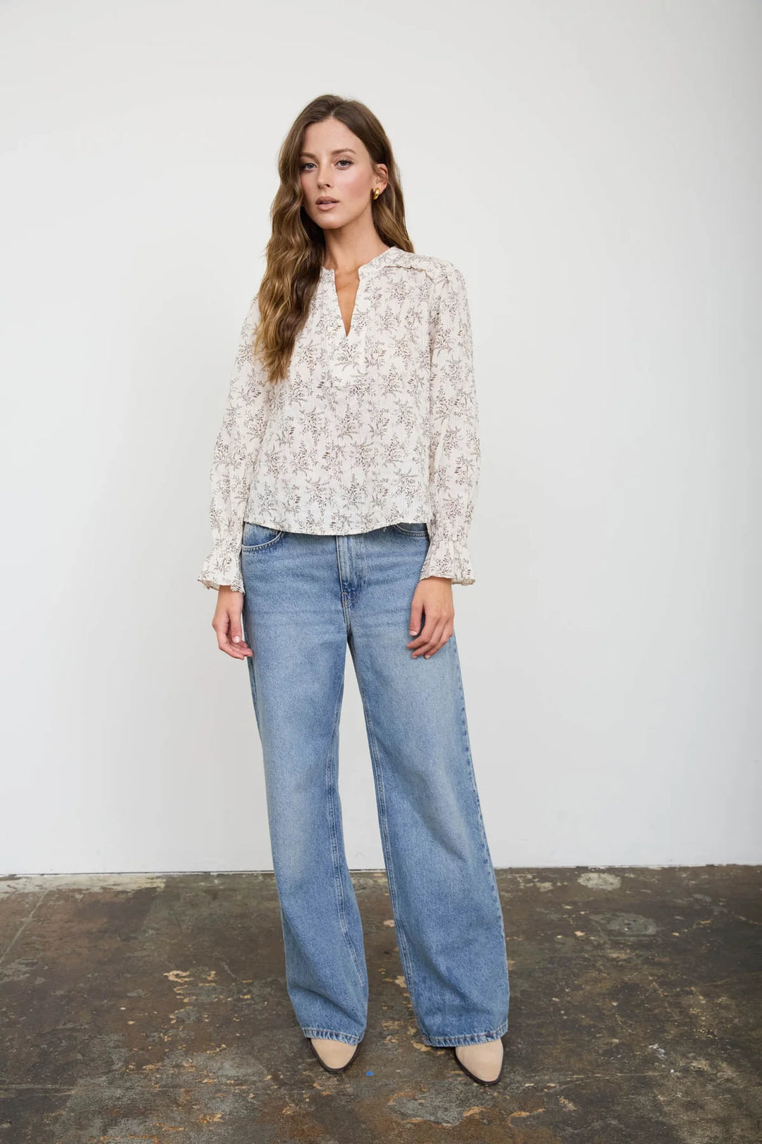 Into the Garden Floral Long Sleeve Blouse in Ivory and Camel