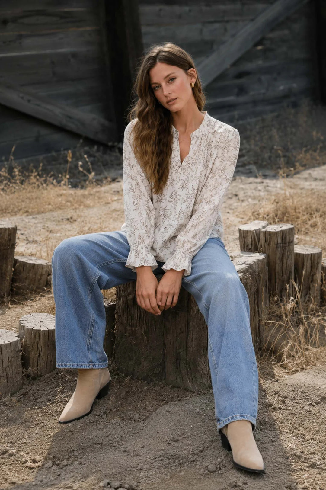 Into the Garden Floral Long Sleeve Blouse in Ivory and Camel