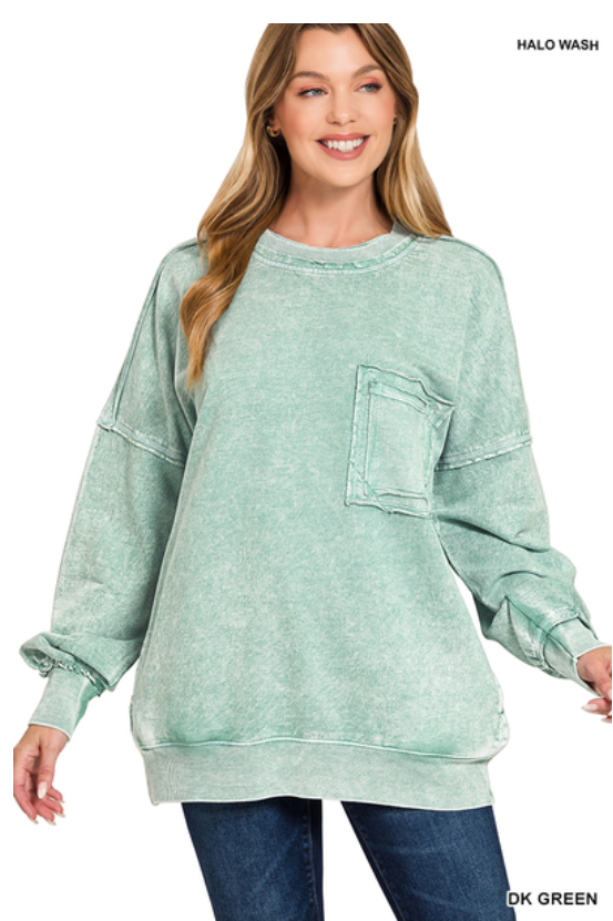 Back To Friends Long Sleeve Washed Top in Green