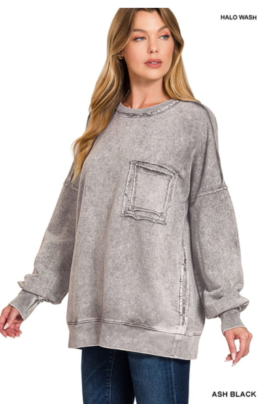 Back To Friends Long Sleeve Washed Top in Grey